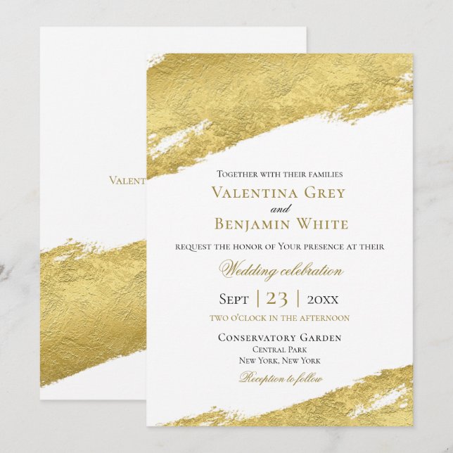 Invitación pincel de Relieve metalizado dorado trazo boda de  (Anverso / Reverso)