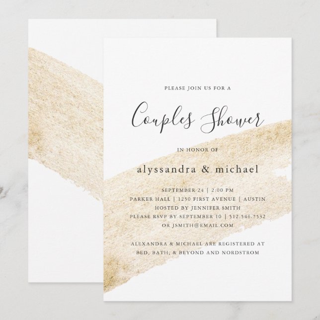 Invitación Pincel minimalista | Faux Gold Stripe Couples Show (Anverso / Reverso)