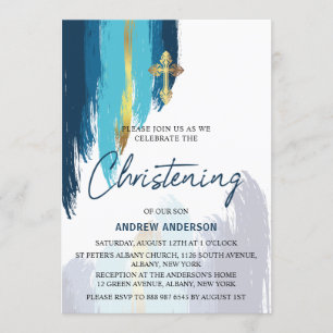 Invitación Pincel Moderno Guión Oro Y Cristalización Azul