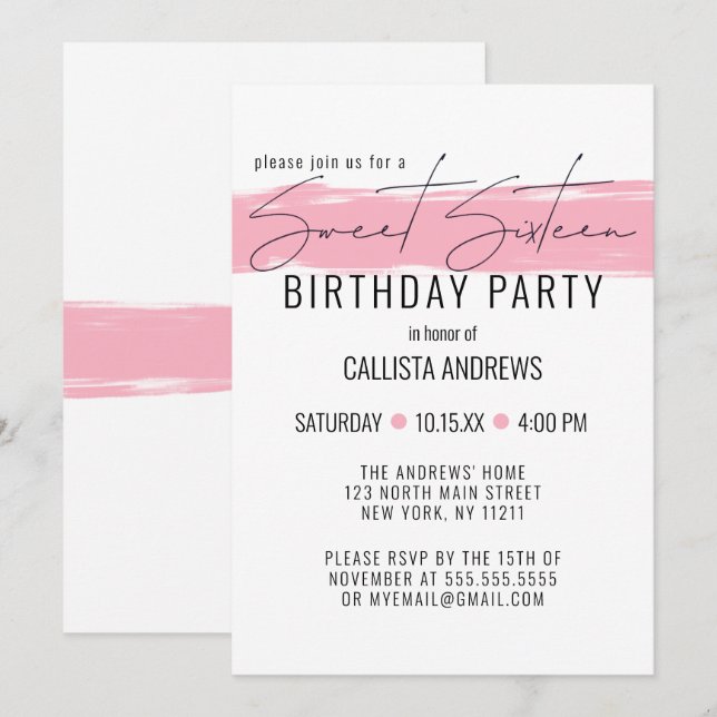 Invitación Pincel rosa blanco Minimalista moderno dulce 16 (Anverso / Reverso)
