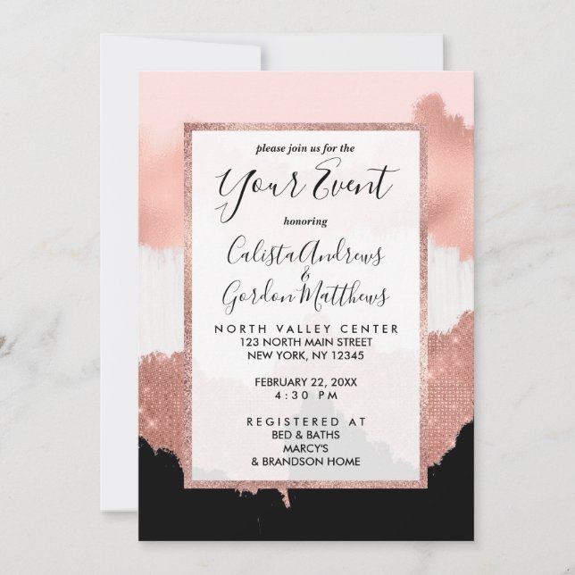 Invitación Pincel Rosa dorado rosado Purpurina giratorio mode (Anverso)