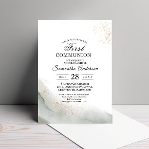 Invitación Pinceladas de acuarela verde abstracta y dorado