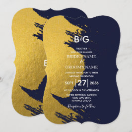 Invitación Pinceladas de Oro Falso y Azul Marino con Monogram