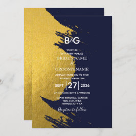 Invitación Pinceladas de Oro Falso y Azul Marino con Monogram
