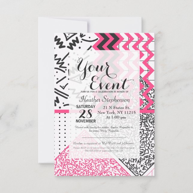 Invitación Pinceladas negras negras neón de los años 90 (Anverso)