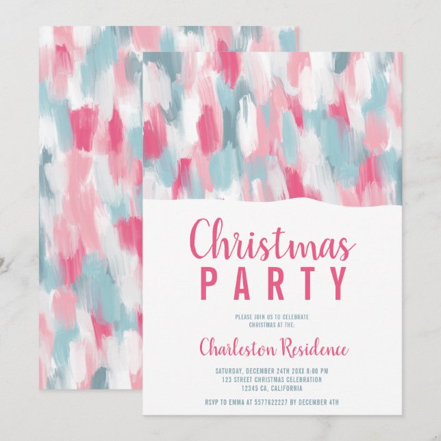Invitación Pinceles acrílicos modernos Navidades azules rosas (Anverso / Reverso)