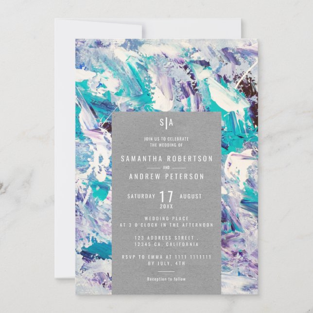 Invitación Pinceles azul marino morado pinceles elegante kraf (Anverso)