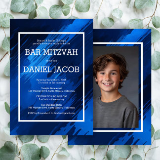 Invitación Pinceles azules Personalizado Foto BAR BAT MITZVAH