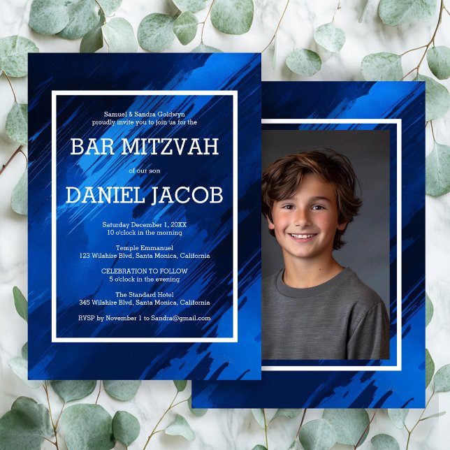 Invitación Pinceles azules Personalizado Foto BAR BAT MITZVAH (Blue Brushstrokes Custom Photo BAR BAT MITZVAH Invitation
)