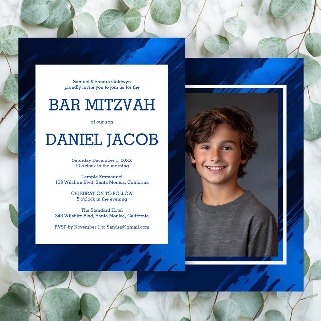 Invitación Pinceles azules Personalizado Foto BAR BAT MITZVAH (Blue Brushstrokes Custom Photo BAR BAT MITZVAH Invitation
)