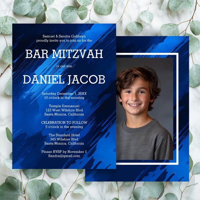 Invitación Pinceles azules Personalizado Foto BAR BAT MITZVAH (Blue Brushstrokes Custom Photo BAR BAT MITZVAH Invitation
)