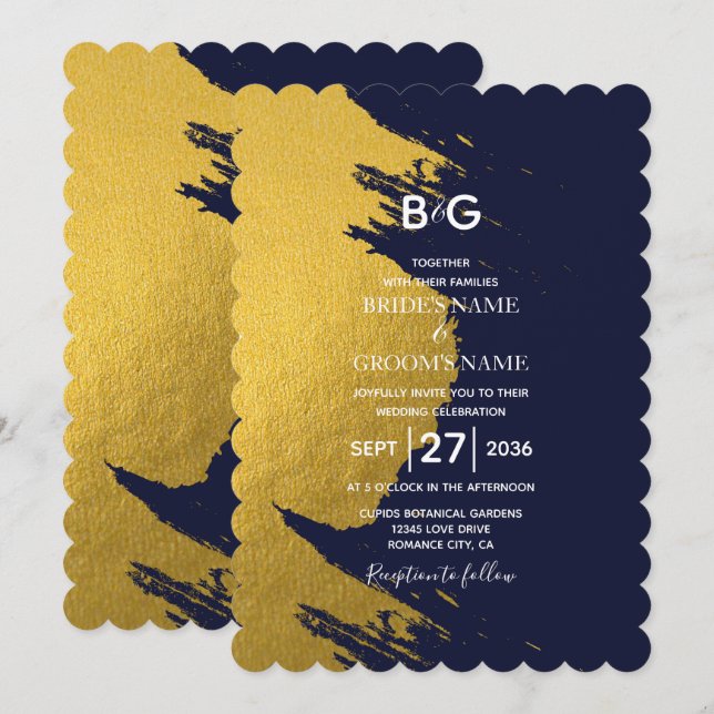 Invitación Pinceles de oro falso y azul marino con monograma  (Anverso / Reverso)