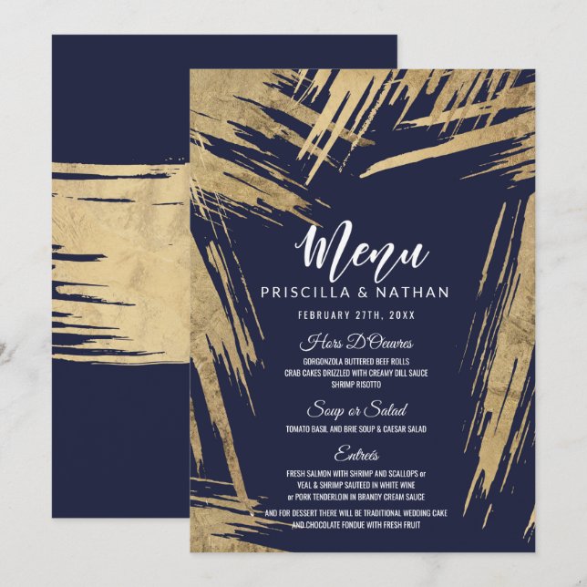 Invitación Pinceles de oro modernos menú Boda azul de la mari (Anverso / Reverso)