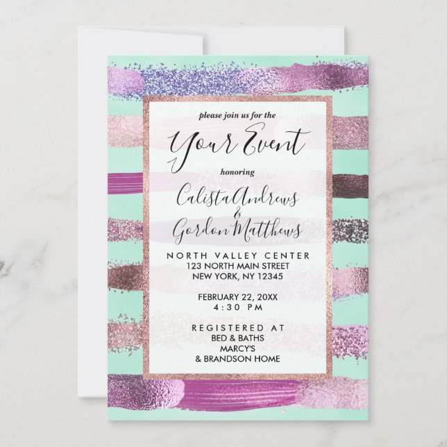Invitación Pinceles de Purpurina polaco con leche rosa verde  (Anverso)