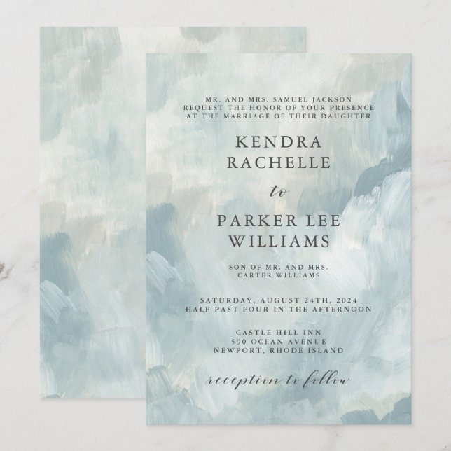 Invitación Pinceles de resumen azul turbio Boda moderno (Anverso / Reverso)