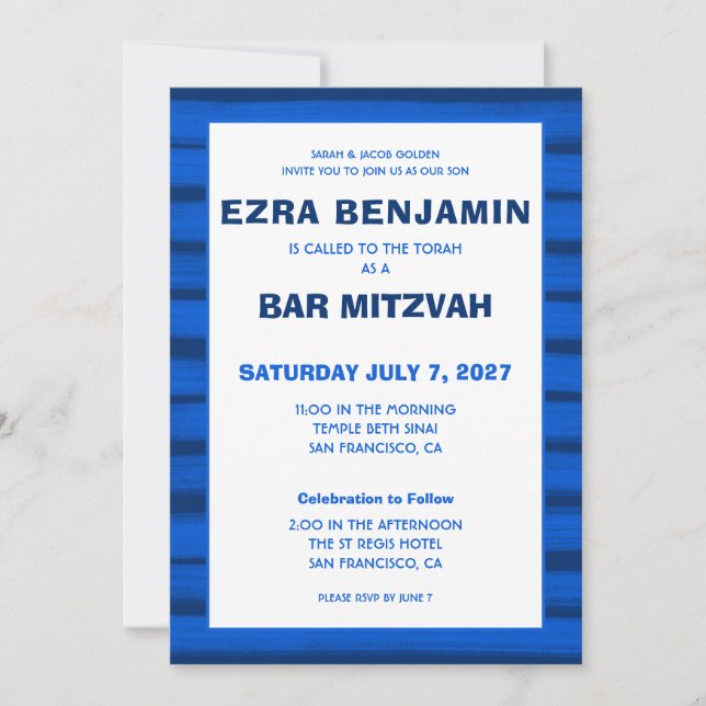 Invitación Pinceles Rayas Azul Personalizado Bar Bat Mitzvah (Anverso)