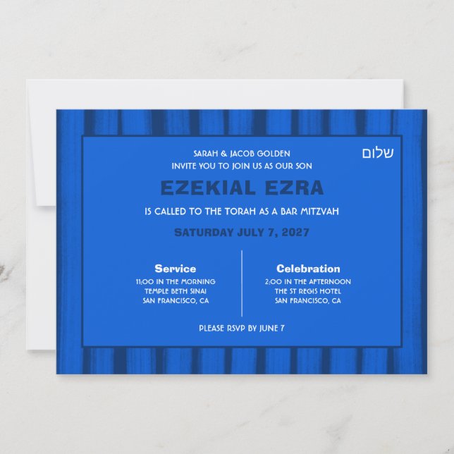 Invitación Pinceles Rayas Azul Personalizado Bar Bat Mitzvah (Anverso)