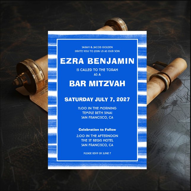 Invitación Pinceles Rayas Azul Personalizado Bar Bat Mitzvah (Brushstrokes Stripes Blue Custom Bar Bat Mitzvah Invitation
)