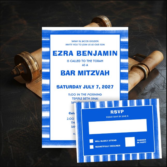 Invitación Pinceles Rayas Azul Personalizado Bar Bat Mitzvah (Brushstrokes Stripes Blue Custom Bar Bat Mitzvah Invitation
)