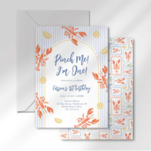 Invitación Pinch Me Lobster Birthday Coastera Stripes
