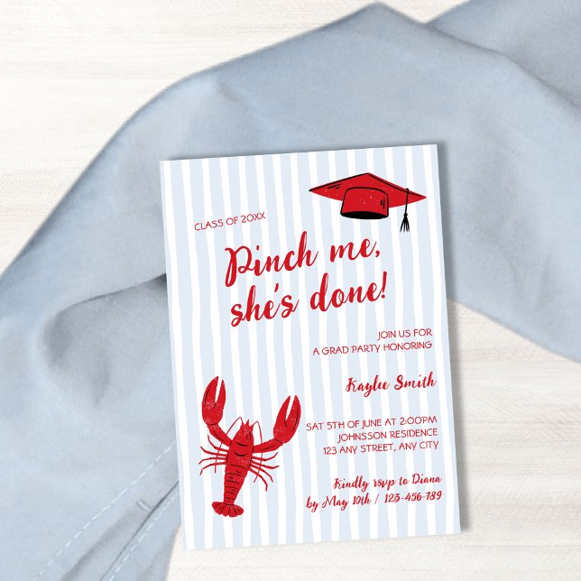 Invitación Píndeme, ya ha terminado el Fiesta de Grad Boil Cr (Pinch Me She's Done Crawfish Boil Grad Party Invitation)