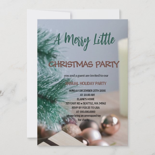 Invitación pine and Ornaments Merry Little christmas party  (Anverso)