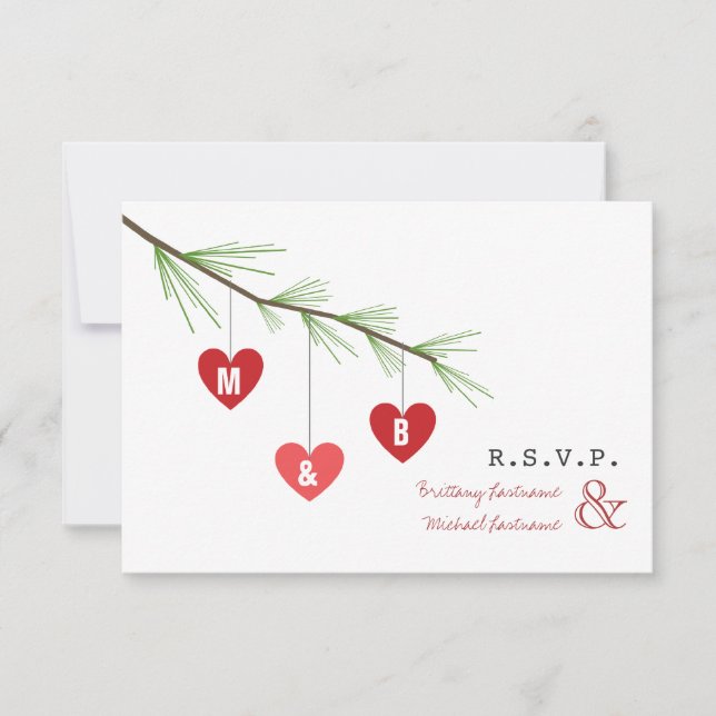 Invitación Pine Bough & Hearts El Boda de San Valentín R.S.V. (Anverso)