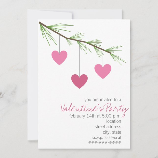 Invitación Pine Bough & Pink Hearts El Fiesta de San Valentín (Anverso)