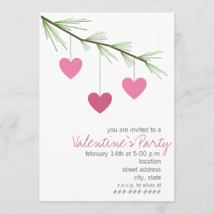 Invitación Pine Bough & Pink Hearts El Fiesta de San Valentín