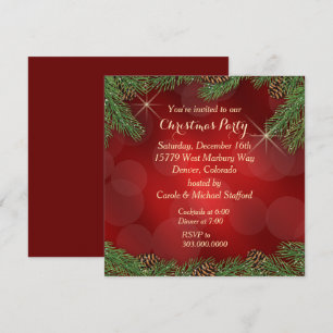 Invitación Pine Bough Red Gold Navidades Fiesta