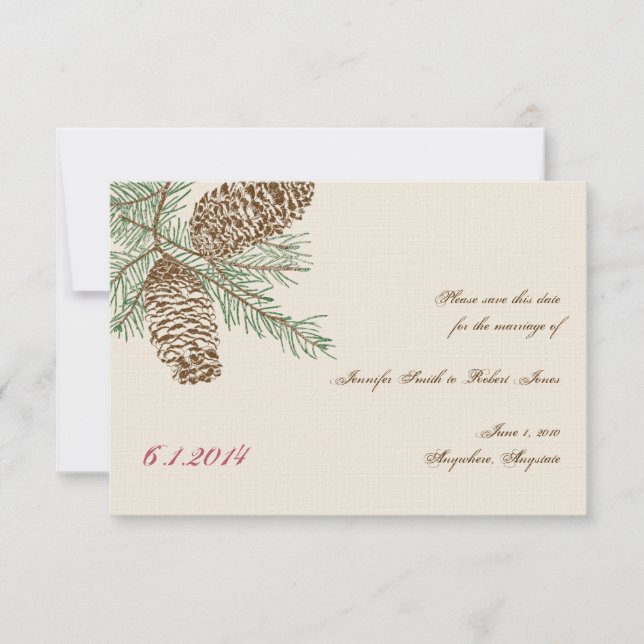 Invitación Pine Cone Naturaleza sobre Crema Aviso de Boda Gua (Anverso)