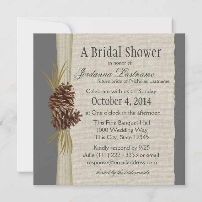 Invitación Pine cone y Burlap Look Bridal Shower (Anverso)