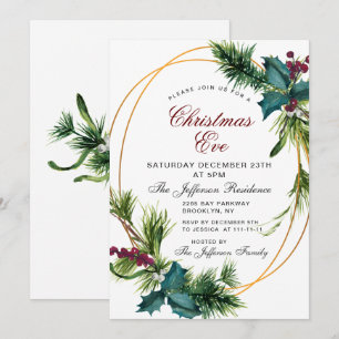 Invitación Pine Cones Holly Berry Navidades Holiday EVE
