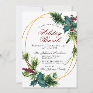Invitación Pine Cones Holly Frame Navidades Holiday Brunch