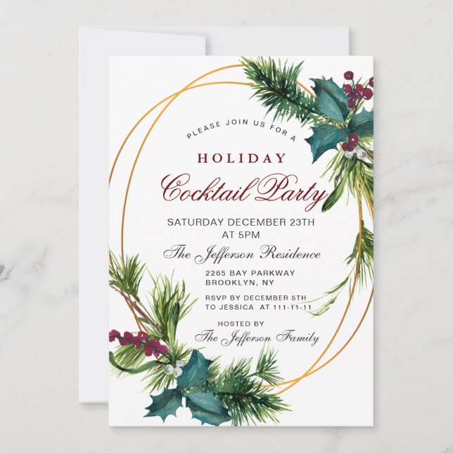Invitación Pine Cones Holly Navidades Fiesta de cócteles de v (Anverso)