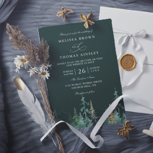Invitación PINE Emerald Green and Gold QR Code Wedding (Subido por el creador)
