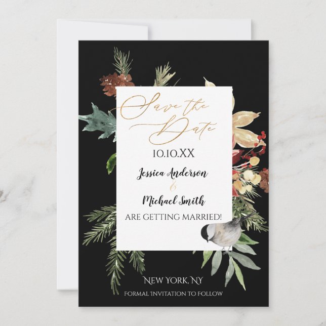 Invitación Pine Floral Gold Winter Save the Date (Anverso)
