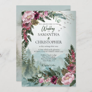 Invitación Pine Forest Burgundy Dusty Rosa Boda de acuarela