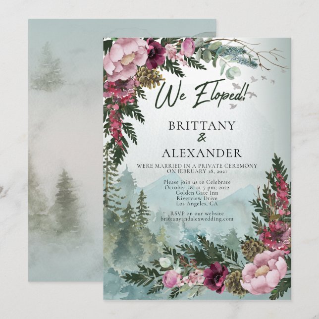 Invitación Pine Forest Burgundy Dusty Rosa Elopement (Anverso / Reverso)