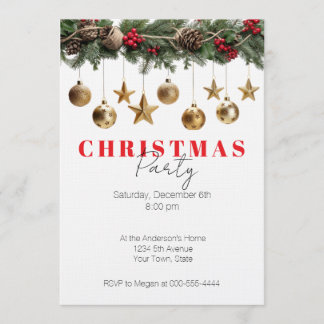 Invitación Pine Garland Gold Ornaments Christmas Party