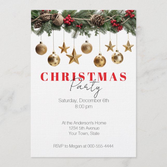 Invitación Pine Garland Gold Ornaments Christmas Party (Anverso)