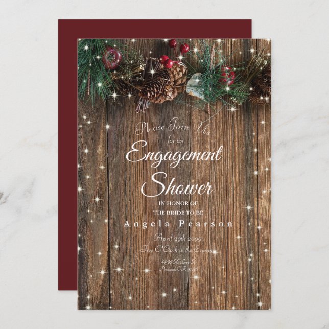 Invitación Pine Garland Sparkle, un Navidad rural de la mader (Anverso / Reverso)