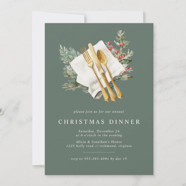 Invitación Pine Green | Elegante cena de Navidades de cubiert (Anverso)