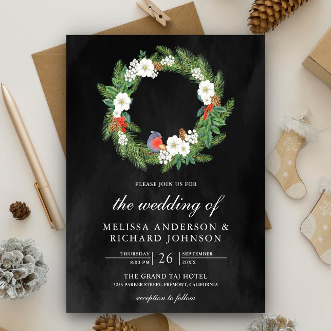 Invitación Pine Leaves Floral Wreath Boda de Navidades negros (Subido por el creador)
