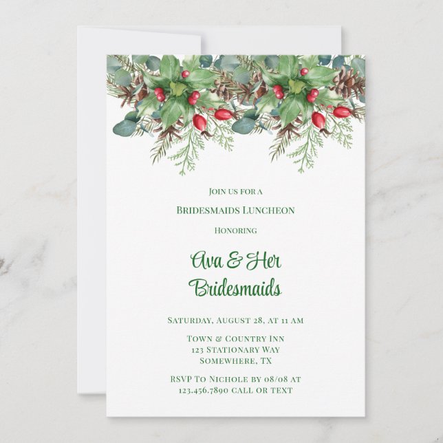 Invitación Pine Needles Red Berry Bridesmaids Luncheon (Anverso)