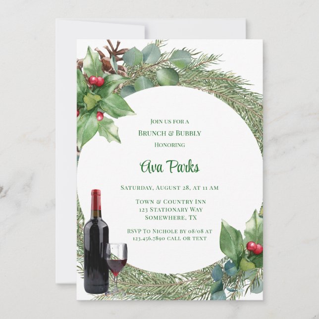 Invitación Pine Needles Red Berry Navidades Brunch y Bubbly (Anverso)