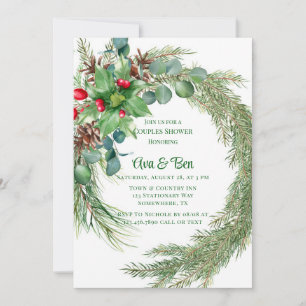 Invitación Pine Needles Red Berry Navidades Ducha Parejas