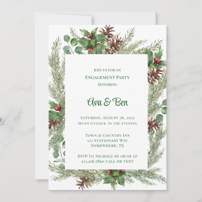 Invitación Pine Needles Red Berry Navidades Partido de compro (Anverso)
