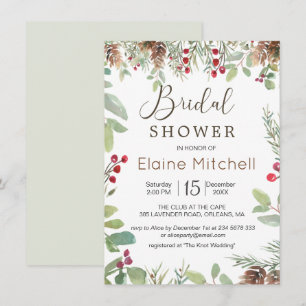 Invitación Pine Red Berry Winter Greenery Bridal Shower