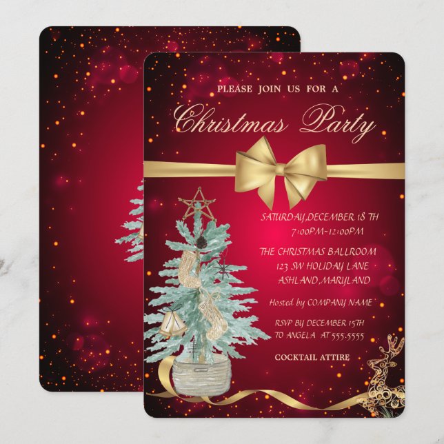Invitación Pine Tree, Bow, Fiesta de Navidades de renos (Anverso / Reverso)